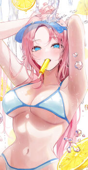 1girl armpits arms_up bikini blue_eyes blush breasts fingernails food food_in_mouth fruit gongha highres large_breasts lemon lemon_slice long_hair looking_at_viewer navel original pink_hair popsicle popsicle_in_mouth simple_background solo stomach swimsuit water water_drop wet white_background white_bikini