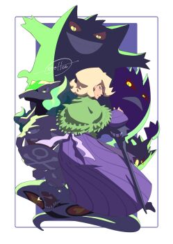 1girl :d absurdres agatha_(pokemon) alolan_form alolan_marowak arbok blonde_hair cane cccacademia dress fire gen_1_pokemon gen_7_pokemon gengar green_eyes green_fire grin highres mature_female nintendo open_mouth pokemon pokemon_(creature) pokemon_lgpe purple_dress smile smoke snake weezing yellow_eyes