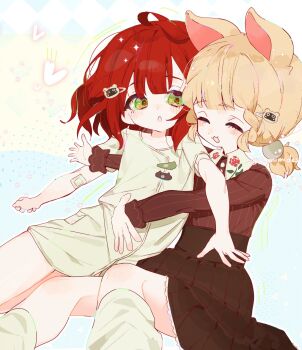 aged_down alice_thymefield animal_ears blonde_hair braid braided_twintails child hair_ornament highres long_hair low_twintails multiple_girls rabbit_ears rabbit_girl red_hair shirt short_hair siomimi sphere_hair_ornament twintails zenless_zone_zero