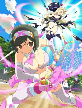 5girls aura battle battoujutsu_stance black_boots black_hair black_panties black_thighhighs blonde_hair bokken boots border bra breasts brown_eyes brown_hair character_name cleavage closed_mouth cloud day delinquent detached_collar detached_sleeves english_text exploding_clothes fat ferris_wheel fighting fighting_stance frilled_skirt frills frown game_cg green_hair grey_bra grey_sleeves hairband headband heart high_heel_boots high_heels hiroko_(senran_kagura) holding holding_microphone holding_microphone_stand holding_sword holding_weapon katana large_breasts leaning_forward linea_alba long_hair long_skirt mai_(senran_kagura) mask microphone microphone_stand midriff miniskirt mouth_mask multicolored_hairband multiple_girls multiple_others navel necktie non-web_source official_alternate_costume official_art open_mouth outdoors panties pink_boots pink_hairband pink_headband pink_necktie pink_thighhighs pink_vest plant pleated_skirt purple_hair ready_to_draw robot school_uniform senran_kagura senran_kagura_new_wave sheathed_cut sheathing shirt short_hair skirt solo_focus sparkle standing sukeban swept_bangs sword thigh_boots thighhighs torn_clothes torn_shirt torn_thighhighs tree two-tone_bra underwear very_long_hair vest weapon white_bra white_hairband white_thighhighs white_wrist_cuffs wooden_sword wrist_cuffs yellow_hairband yellow_trim