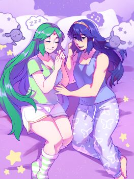2girls absurdres bed blue_eyes blue_hair breasts crossover dress female_focus frogbians grey_hair highres long_hair lucina_(fire_emblem) multiple_girls open_mouth palutena pants pillow sheep sky sleeping socks star_(symbol) thighhighs tiara