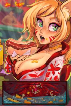 1girl 2020 animal_ear_fluff animal_ears animal_print arm_up artist_name bisected blonde_hair blood blurry blurry_background bow breasts butterfly_print cat_ears choker cleavage collarbone commentary commission cross-section eating english_commentary eyeshadow facial_mark fingernails food food_on_body food_on_breasts food_on_face gradient_eyes highres hot_dog in_food japanese_clothes kimono large_breasts lips long_hair long_sleeves looking_at_viewer makeup multicolored_eyes multiple_boys mustard onkinky open_mouth original outdoors partially_submerged red_eyeshadow saliva sharp_fingernails sharp_teeth stomach tareme teeth trapped vore x-ray