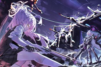 2girls absurdres ahoge black_boots black_coat black_gloves black_jacket black_skirt blue_archive boots bulletproof_vest coat coat_on_shoulders commentary_request demon_girl demon_horns demon_wings fingerless_gloves fur-trimmed_coat fur_trim gloves gun halo highres hina_(blue_archive) holding holding_gun holding_weapon horns hoshino_(armed)_(blue_archive) hoshino_(blue_archive) its2h35 jacket knee_boots kneehighs light_machine_gun long_hair machine_gun multiple_girls pink_hair pink_halo plaid_clothes plaid_skirt ponytail purple_eyes purple_halo purple_thighhighs scratches shirt shotgun side_slit skirt sleeves_rolled_up socks thighhighs weapon white_hair white_shirt white_socks wings yellow_eyes