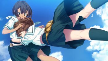Rule 34 | 2girls, belt pouch, black hair, blue skirt, blue sky, bob cut, brown hair, chuo tanegashima high school uniform, closed eyes, cropped shirt, daitoku junna, dark-skinned female, dark skin, day, from behind, from side, fukuda tomonori, game cg, glomp, grey eyes, hair between eyes, hands up, high-waist skirt, high ponytail, highres, hug, kneepits, multiple girls, non-web source, official art, open mouth, outdoors, pleated skirt, ponytail, pouch, robotics;notes, sailor collar, school uniform, science adventure, senomiya akiho, shirt, short hair, short sleeves, skirt, sky, surprised, teeth, thick thighs, thighs, tongue, upper teeth only, white sailor collar, white shirt