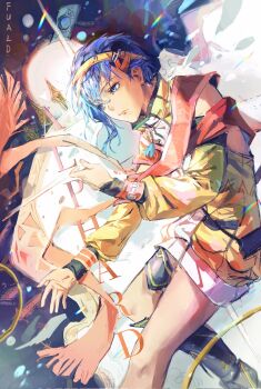 1girl artist_name blue_eyes blue_hair closed_mouth dark-skinned_female dark_skin double-parted_bangs earrings eiyuu_densetsu english_text feri_al-fayed ffuald1013 hair_between_eyes hashtag-only_commentary headband highres jacket jewelry kai_no_kiseki kuro_no_kiseki_(series) long_sleeves short_hair solo upper_body