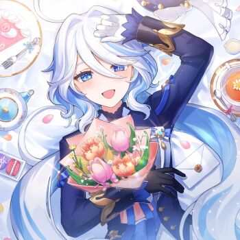 1girl ahoge arm_up asymmetrical_gloves black_gloves blue_eyes blue_gemstone blue_hair blue_pupils blush bouquet commentary_request cup drop-shaped_pupils flower food fork furina_(genshin_impact) gem genshin_impact gloves hair_between_eyes heterochromia highres holding holding_bouquet letter long_hair long_sleeves looking_at_viewer lying macaron mismatched_gloves mugita_(mokankan) multicolored_hair on_back open_mouth orange_flower pink_flower plate solo spoon symbol-shaped_pupils teacup teapot very_long_hair white_gloves white_hair
