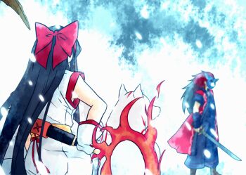 Rule 34 | 1boy, 2girls, ainu clothes, amaterasu (ookami), ass, black hair, bodypaint, bow, crossover, dog mask, fighting stance, fingerless gloves, fire, from behind, gloves, hair bow, hairband, harusamero, holding, holding sword, holding weapon, kodachi, long hair, looking at another, m.u.g.e.n, markings, multiple girls, nakoruru, okikurumi (ookami), ookami (game), red bow, red hairband, red vest, reverse grip, samurai spirits, short sword, snk, snowing, sword, the king of fighters, very long hair, vest, weapon, white fur, white wolf