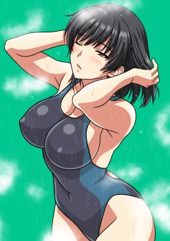 1girl absurdres alternate_breast_size_(larger) amagami black_hair black_one-piece_swimsuit blue_one-piece_swimsuit blush breasts brown_eyes cleavage clothing_cutout commentary_request competition_swimsuit green_background hands_in_own_hair hands_up highleg highleg_one-piece_swimsuit highres large_breasts medium_hair navel_cutout one-piece_swimsuit one_eye_closed parted_lips showering simple_background solo swimsuit tsukahara_hibiki two-tone_one-piece_swimsuit yuuyuu_(3jjbn)