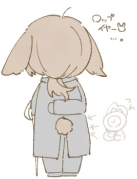 Rule 34 | 1boy, 1other, absurdres, ahoge, alternate costume, animal ears, arm behind back, arrow (symbol), back, bags under eyes, beard stubble, black coat, black gloves, black pants, black shoes, black suit, brown hair, chibi, chibi only, clock, coat, collared shirt, dante (limbus company), dress shirt, ears down, facial hair, facing away, fire, floppy ears, formal clothes, from behind, full body, gloves, gregor (project moon), hand on hilt, high collar, highres, holding, holding sword, holding weapon, kemonomimi mode, lily26983455, limbus company, long coat, long hair, long sleeves, lop rabbit ears, low ponytail, male focus, object head, pants, parted bangs, planted, planted sword, planted weapon, ponytail, project moon, rabbit boy, rabbit ears, rabbit symbol, rabbit tail, rapier, shirt, shoes, simple background, sketch, solo focus, standing, stubble, suit, sword, tail, tuxedo, upper body, weapon, white background, white shirt, wuthering heights (identity) (project moon)