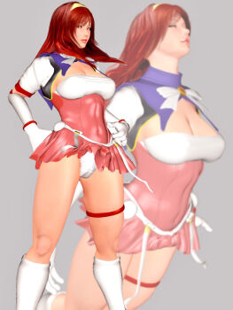 1girl boots breasts brown_eyes brown_hair cleavage dress elbow_gloves gloves hairband hands_on_own_hips kill_the_king knee_boots large_breasts lips long_hair panties pantyshot red_hair solo thigh_strap underwear white_panties zoom_layer