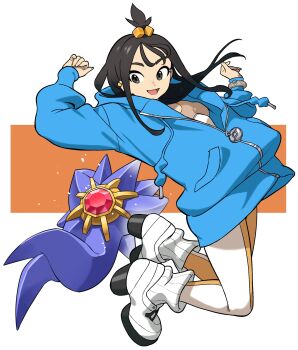 1girl asdf_4532 black_hair blue_hoodie boots breasts colored_skin cube_hair_ornament earclip full_body gem gen_1_pokemon grey_eyes hair_ornament highres hood hood_down hoodie jacket leggings lida_(pokemon) long_hair long_legs long_sleeves looking_at_viewer mega_pokemon mega_ring mega_starmie nintendo no_eyes open_mouth orange_leggings pokemon pokemon_(creature) pokemon_legends:_z-a purple_skin red_gemstone ribbed_socks shirt shoes smile socks starfish starmie topknot two-tone_legwear white_boots white_leggings white_socks wispy_bangs