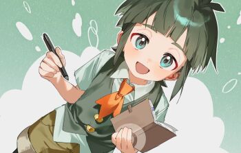 1boy :d absurdres ascot collared_shirt commentary_request happy highres holding holding_notebook holding_pencil korean_commentary male_focus nintendo notebook open_mouth orange_ascot pencil pokemon pokemon_(anime) pokemon_xy_(anime) pokesudal sawyer_(pokemon) shirt short_hair short_sleeves shorts smile solo vest