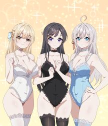 3girls 4ddd absurdres ahoge alisa_mikhailovna_kujou animal_ears black_hair black_leotard black_thighhighs blonde_hair blue_eyes blue_leotard blue_thighhighs blush breasts brown_eyes cleavage closed_mouth collar commission gluteal_fold groin hair_between_eyes hair_ornament hairclip hand_on_own_hip highres large_breasts leotard long_hair looking_at_viewer medium_hair multiple_girls otonari_no_tenshi-sama_ni_itsu_no_mani_ka_dame_ningen_ni_sarete_ita_ken pixiv_commission playboy_bunny purple_eyes sakurajima_mai seishun_buta_yarou shiina_mahiru_(otonari_no_tenshi-sama) smile thighhighs tokidoki_bosotto_roshia-go_de_dereru_tonari_no_alya-san white_hair white_leotard white_thighhighs