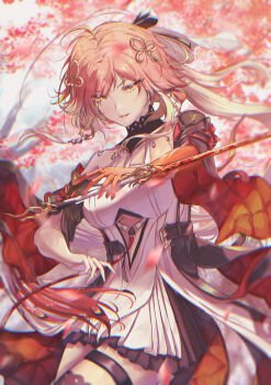 1girl absurdres black_bow black_collar black_jacket black_sleeves black_thighhighs body_markings bow braid breasts changli_(wuthering_waves) chromatic_aberration clothing_cutout collar colored_extremities commentary_request cutout_above_navel detached_sleeves hair_bow hair_extensions hair_ornament hand_to_weapon hand_up heavy_chromatic_aberration highres jacket large_breasts leom long_hair looking_at_viewer multicolored_hair parted_lips partial_commentary pink_hair red_hands ring_hair_extensions short_sleeves smile solo sword thigh_strap thighhighs thighs twin_braids two-tone_hair weapon white_background white_hair wuthering_waves yellow_eyes