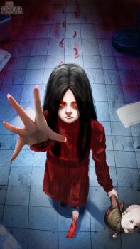 1girl absurdres alma_(f.e.a.r.) artist_name barefoot black_hair blood bloody_footprints closed_mouth commentary doll dress english_commentary f.e.a.r. fingernails footprints frynler ghost ghost_girl glowing glowing_eyes highres holding holding_doll horror_(theme) long_hair looking_at_viewer orange_eyes pale_skin reaching reaching_towards_viewer red_dress solo tile_floor tiles