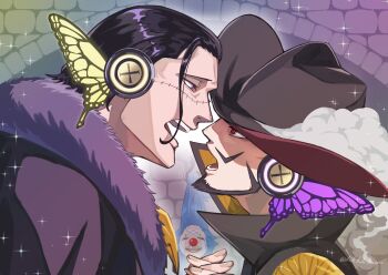 0hikihikikaeru 3boys absurdres black_hair blue_hair buggy_the_clown butterfly_wings clown_nose crocodile_(one_piece) crying disembodied_head dracule_mihawk eye_contact face-to-face facial_hair fur_trim hair_slicked_back hat hat_feather headphones highres holding_hands imminent_kiss insect_wings looking_at_another magnet_(vocaloid) male_focus multiple_boys one_piece open_mouth parody purple_eyes red_eyes scar scar_on_face shade short_hair wings yaoi
