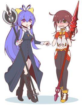 Rule 34 | 2girls, absurdres, ahoge, antenna hair, bare shoulders, blazblue, blush, blush stickers, boots, bow, breasts, brown hair, commentary, cosplay, costume switch, cross, cross necklace, crossover, embarrassed, english commentary, fingerless gloves, gloves, halterneck, high heels, highres, jewelry, long hair, lowleg, lowleg pants, mai natsume, mai natsume (cosplay), melty blood, melty blood: type lumina, midriff, mokujhin, mole, mole under mouth, multiple girls, necklace, noel (tsukihime), noel (tsukihime) (cosplay), nun, pants, polearm, ponytail, purple eyes, purple hair, revealing clothes, side ponytail, spear, standing, tsukihime, tsukihime (remake), very long hair, weapon, wing collar
