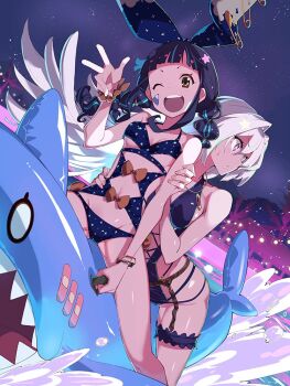 Rule 34 | 2girls, black hair, black one-piece swimsuit, bracelet, braid, breasts, commentary request, engi threepiece, jewelry, kirara fantasia, kounagi yui, long hair, low twin braids, medium hair, multiple girls, night, official art, one-piece swimsuit, one eye closed, parted lips, pool, sky, small breasts, star (sky), starry sky, sweatdrop, swimsuit, third-party source, twin braids, w, white hair, yellow eyes, yumekui merry