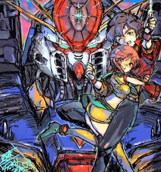 1boy 1girl aeug age_difference beam_cannon brown_hair cable commentary_request dated elpeo_puru energy firing glowing gundam gundam_zz hug jacket judau_ashta mecha mobile_suit moto_murabito muzzle_(mask) orange_hair red_jacket robot science_fiction signature size_difference thumbs_up v-fin zz_gundam