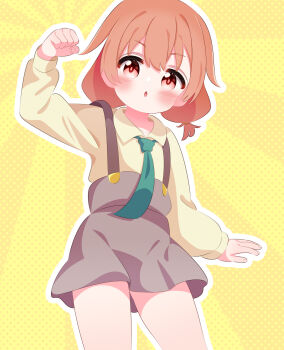 1girl arm_up blush collarbone green_necktie grey_skirt hoshino_hinata long_sleeves looking_at_viewer low_twintails necktie open_mouth orange_hair polka_dot polka_dot_background r245 red_eyes school_uniform shirt short_hair skirt standing sunburst sunburst_background suspender_skirt suspenders twintails watashi_ni_tenshi_ga_maiorita! yellow_background yellow_shirt