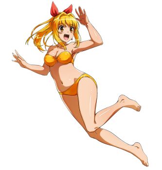 Rule 34 | 1girl, bare shoulders, barefoot, bikini, blonde hair, breasts, full body, hair intakes, high ponytail, long hair, marin (umi monogatari), medium breasts, navel, non-web source, official art, open hands, open mouth, orange bikini, photoshop (medium), ponytail, shiny skin, solo, strapless, strapless bikini, swimsuit, transparent background, umi monogatari, yellow eyes