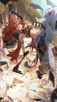 1girl animal_ears armlet badman6050 baggy_pants black_gloves breasts collar crop_top explosion eyepatch fake_animal_ears fingerless_gloves flame_print gloves grin hammer highres holding holding_hammer holding_wrench jewelry koleda_belobog long_hair looking_at_viewer metal_collar midriff navel orange_hair pants pouch red_eyes sharp_teeth smile solo teeth twintails white_pants wrench zenless_zone_zero