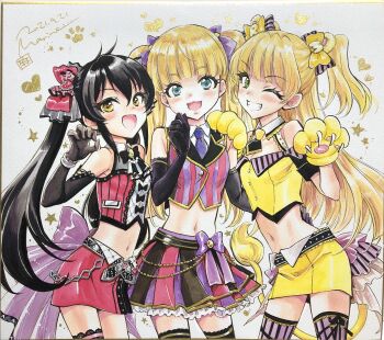 3girls animal_hands black_hair blonde_hair blue_eyes blush breasts commentary_request crop_top gloves green_eyes highres idolmaster idolmaster_cinderella_girls jougasaki_rika long_hair looking_at_viewer marine_(confeitokobo) mary_cochran matoba_risa multiple_girls navel one_eye_closed paw_gloves sexy_panthers_(idolmaster) shikishi skirt small_breasts smile thighhighs traditional_media twintails two_side_up yellow_eyes zettai_ryouiki