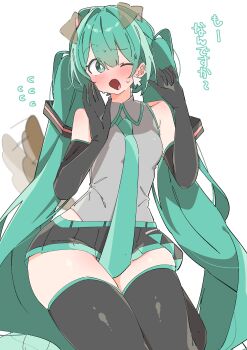 Rule 34 | 1girl, absurdres, animal ears, aqua belt, aqua hair, aqua necktie, aqua trim, belt, black gloves, black thighhighs, blush, bright pupils, cheek poking, collared shirt, commentary, cursor, dog ears, dog girl, dog tail, elbow gloves, feet out of frame, flying sweatdrops, gloves, grey shirt, hair between eyes, hair ornament, hands up, hatsune miku, highres, long hair, master (vocaloid), miniskirt, motion lines, necktie, no nose, one eye closed, open mouth, pleated skirt, poking, shirt, shirt tucked in, shoulder blush, simple background, skirt, sleeveless, sleeveless shirt, solo, sweat, sweatdrop, tail, tail wagging, thighhighs, thighs, translation request, twintails, uruti 2388, very long hair, vocaloid, white background, white pupils, wide hips, zettai ryouiki