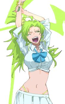 1girl ahoge arms_up bleach bleach:_sennen_kessen-hen blue_bow blue_bowtie bow bowtie bracelet candice_catnipp collared_shirt commentary cowboy_shot crop_top english_commentary female_focus green_eyes green_hair green_nails groin hair_bow highleg highleg_panties highres hip_bones jewelry kubo_tite_(style) long_hair looking_to_the_side matching_hair/eyes navel official_alternate_costume panties school_uniform sekihan_(6kihan) shirt side_ponytail simple_background skirt sleeves_rolled_up solo stomach teeth underwear v-shaped_eyebrows white_shirt white_skirt wing_collar yawning