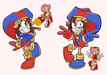 1girl amy_rose asymmetrical_gloves blue_eyes blue_gloves blush_stickers brown_hair cloudyskyy colored_skin dentures gloves hat hat_bell highres jester jester_cap jester_costume mismatched_gloves multicolored_eyes multicolored_hat pomni_(the_amazing_digital_circus) puffy_sleeves red_eyes red_gloves reference_inset short_hair short_sleeves smile sonic_(series) striped_clothes striped_headwear the_amazing_digital_circus two-tone_eyes vertical-striped_clothes vertical-striped_headwear