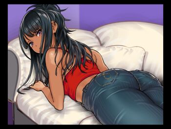Rule 34 | 1girl, ass, bare shoulders, black border, black hair, blue pants, blush, border, couch, crop top, dark-skinned female, dark skin, denim, dokiyuri, idolmaster, idolmaster shiny colors, jeans, kazano hiori, long hair, looking at viewer, looking back, lying, mole, mole under mouth, on stomach, pants, pillow, ponytail, purple eyes, red shirt, shirt, sleeveless, sleeveless shirt, solo, tan
