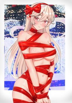 1girl blonde_hair blush border bow breasts christmas collarbone commentary english_commentary female_corrin_(fire_emblem) fire_emblem fire_emblem_fates hairband highres large_breasts long_hair naked_ribbon navel nintendo outside_border pointy_ears red_bow red_eyes red_hairband red_ribbon ribbon solo standing white_border zelisdezain