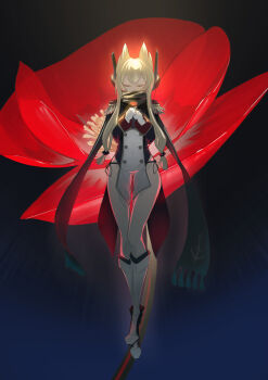 1girl absurdres azur_lane blonde_hair boots closed_eyes epaulettes flower full_body gloves hair_between_eyes hair_ears highres holding holding_flower long_hair long_sleeves poppy_(flower) red_flower satsukitou scarf solo variant_set warspite_(azur_lane) white_boots white_gloves