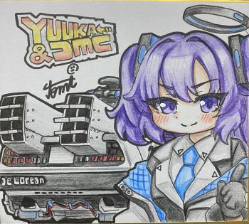 1girl absurdres back_to_the_future blue_archive blue_necktie commentary_request delorean gloves halo highres jacket necktie purple_eyes purple_hair shikishi shirt solo tomimon traditional_media yuuka_(blue_archive)