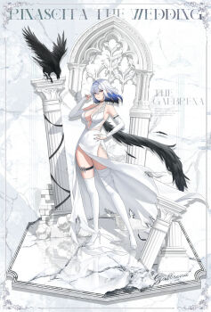 1girl alternate_costume bare_shoulders black_wings blue_hair blue_nails breasts bridal_gauntlets colored_inner_hair commentary dang_geun23283 diorama dress feathered_wings fingernails galbrena_(wuthering_waves) grey_hair hair_between_eyes hand_on_own_hip hand_up high_heels highres large_breasts long_dress looking_at_viewer medium_hair multicolored_hair nail_polish purple_eyes shoes single_wing solo standing thigh_strap thighhighs white_bridal_gauntlets white_dress white_shoes white_thighhighs wings wuthering_waves