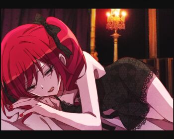 1girl bare_shoulders bed_sheet black_border black_bow black_dress bluestar_iz border bow candle candlestand collarbone curtains dress hair_bow indoors letterboxed long_hair looking_to_the_side lying official_art open_mouth red_eyes red_hair red_lips red_nails rouge_(witch's_heart) solo twintails witch's_heart