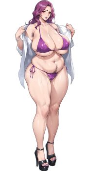 1girl areola_slip armpit_hair blush breasts cleavage code_geass collarbone commentary_request cornelia_li_britannia curvy female_pubic_hair highres huge_breasts large_areolae lipstick long_hair looking_at_viewer makeup mature_female mismatched_pubic_hair nanabe_78 navel plump pubic_hair purple_eyes purple_hair simple_background solo swimsuit thick_thighs thighs wide_hips