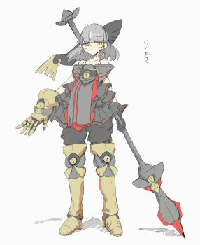Rule 34 | 1girl, aegislash, alternate color, black gloves, blush, boots, commentary, cross, cross earrings, earrings, full body, gauntlets, gen 6 pokemon, gloves, grey hair, highres, holding, holding polearm, holding weapon, jewelry, medium hair, nintendo, personification, pokemon, polearm, rein (3313), shiny pokemon, simple background, standing, thigh boots, weapon, white background, yellow eyes