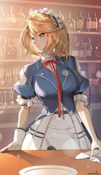 1girl absurdres bar_(place) blonde_hair blue_eyes blue_shirt blush bored breasts centaureissi_(girls&#039;_frontline_2) expressionless g36_(girls&#039;_frontline) girls&#039;_frontline girls&#039;_frontline_2:_exilium gloves highres indoors looking_to_the_side maid_headdress medium_breasts medium_hair medium_skirt pinkturnip232 shirt single_glove skirt solo standing white_gloves white_skirt