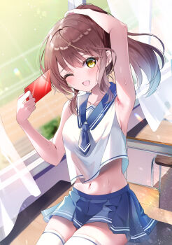 1girl absurdres armpit_focus armpits arms_up bare_shoulders blue_sailor_collar blue_skirt blush bow breasts brown_hair collarbone commentary_request desk highres holding indoors long_hair looking_at_viewer medium_breasts midriff navel on_desk one_eye_closed open_mouth original pleated_skirt ponytail presenting_armpit sailor_collar school_desk school_uniform shirt sitting skindentation skirt sleeveless smile solo sweat thighhighs tsukimiya_sara white_shirt white_thighhighs yellow_eyes