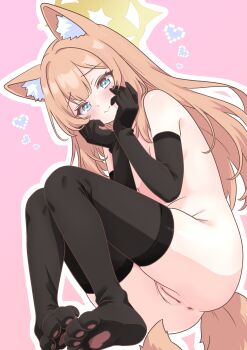 1girl :&gt; absurdres animal_ears anus black_gloves black_thighhighs blue_archive blue_eyes blush breasts cat_ears cat_girl cat_tail elbow_gloves full_body gloves halo hands_on_own_cheeks hands_on_own_face heart highres long_hair looking_at_viewer mari_(blue_archive) mo_mo_mo79 nude orange_hair paw_print_soles pink_background pussy simple_background small_breasts tail thighhighs