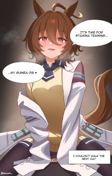 1boy 1girl absurdres agnes_tachyon_(tach-nology)_(umamusume) agnes_tachyon_(umamusume) ahoge ascot assertive_female black_ascot black_pantyhose blush brown_eyes brown_hair coat ear_piercing english_text feet_out_of_frame femdom girl_on_top heavy_breathing highres horse_girl horse_tail in_heat lab_coat long_sleeves looking_at_viewer n2o naughty_face open_clothes open_coat pantyhose parted_lips piercing sexually_suggestive sitting sitting_on_person sleeves_past_fingers sleeves_past_wrists smile solo_focus sweater tail twitter_username umamusume v_arms white_coat yellow_sweater you_gonna_get_raped