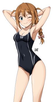 1girl animal_print antenna_hair aqua_eyes armpits arms_behind_head baba_konomi black_one-piece_swimsuit blush braid braided_ponytail breasts brown_hair butterfly_print cleavage closed_mouth collarbone competition_swimsuit covered_navel cowboy_shot dot_nose eyelashes hair_ribbon highres idolmaster idolmaster_million_live! idolmaster_million_live!_theater_days light_smile long_hair looking_at_viewer official_alternate_costume one-piece_swimsuit one_eye_closed pink_ribbon ponpon ribbon sidelocks signature simple_background single_braid small_breasts solo standing swimsuit v-shaped_eyebrows wave_makers!_(idolmaster) white_background