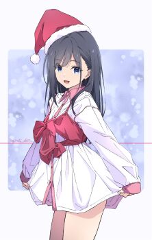 1girl :d black_hair blue_eyes christmas commentary_request dated dress grey_background hat highres long_hair long_sleeves looking_at_viewer monai-chan_(nii_manabu) nii_manabu open_mouth original red_hat santa_hat signature smile solo standing thighs two-tone_background white_dress