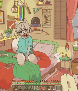 1boy 1girl aqua_shirt bed bedroom black_eyes blanket body_fur bone book bottle bow_(weapon) candle chest_(furniture) choker commentary compass condom condom_in_mouth condom_wrapper curtains english_commentary furry furry_female grey_fur grey_hair heads-up_display health_bar heart heart-shaped_pupils highres indoors kneeling lantern mike_no_hito minecraft mouth_hold on_bed perfume_bottle pillow plant potted_plant pov red_choker shears shelf shirt short_sleeves symbol-shaped_pupils torch user_interface vial vinyl_record weapon window window_shutter wolf_(minecraft)