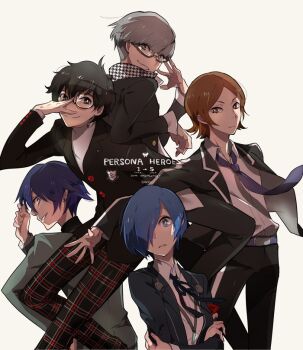 5boys amamiya_ren belt black_hair black_pants black_ribbon blue_eyes blue_hair brown_eyes brown_hair closed_mouth collared_shirt copyright_name crossed_arms earrings glasses grey_hair grey_jacket hair_over_one_eye jacket jewelry male_focus multiple_boys narukami_yu necktie pants parted_lips persona persona_1 persona_2 persona_3 persona_4 persona_5 plaid_clothes plaid_pants purple_belt purple_hair purple_necktie rakuchii_(rurituvo) ribbon shirt short_hair simple_background smile suou_tatsuya toudou_naoya white_background white_shirt yuuki_makoto_(persona_3)