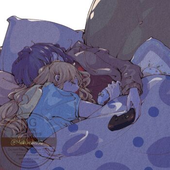 2girls blanket blonde_hair blue_hair blue_shirt bocchi_the_rock! closed_eyes controller game_controller holding holding_controller holding_game_controller hug ijichi_nijika jacket moriinakasa multiple_girls pillow shirt sleeping yamada_ryo yuri