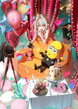 1boy 1girl :d absurdres balloon blurry brown_hair cake closed_eyes commentary confetti couch demon_wings depth_of_field elbow_gloves facing_viewer flower food gloves hair_intakes heart_balloon highres indoors kurotayan makaino_ririmu mode_aim multicolored_hair nijisanji on_couch open_mouth peanuts-kun pink_flower pink_gloves pink_hair pink_rose pointy_ears rose smile star_balloon stuffed_animal stuffed_rabbit stuffed_toy table two-tone_hair untranslatable_commentary virtual_youtuber wings