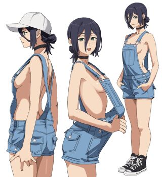 1girl absurdres baseball_cap black_hair black_shoes blue_overalls chainsaw_man closed_mouth green_eyes hair_between_eyes hair_bun hat highres looking_at_viewer no_bra no_shirt no_socks overalls reze_(chainsaw_man) shiren_(ourboy83) shoes short_hair sneakers tongue tongue_out white_hat