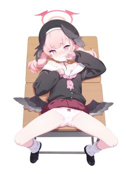 1girl bare_legs bare_shoulders beret black_hat black_shirt black_shoes black_wings blue_archive blush cameltoe collarbone commentary desk feathered_wings full_body halo hat head_wings highres koharu_(blue_archive) loli long_sleeves looking_at_viewer loose_socks lying neckerchief nose_blush on_back on_desk panties pink_eyes pink_hair pink_neckerchief red_skirt ribbon-trimmed_panties ribbon_trim rokukarashi sailor_collar school_desk shirt shoes simple_background sitting skirt skirt_flip socks solo spread_legs twintails underwear white_background white_panties white_sailor_collar white_socks wings